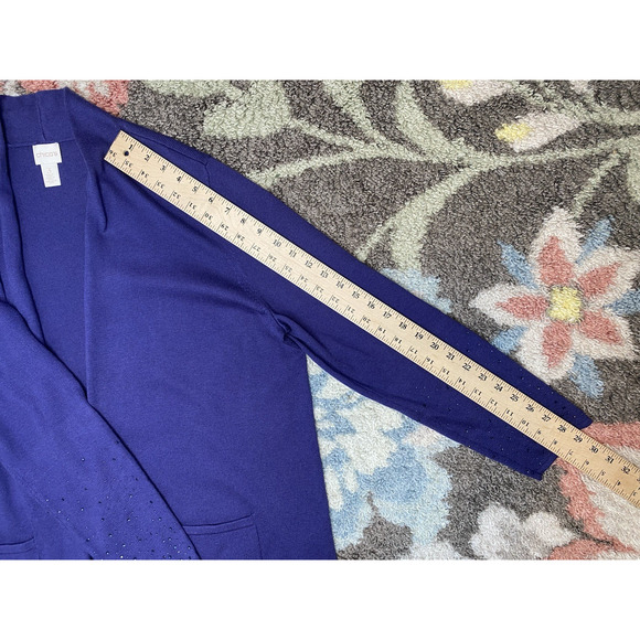 Chicos Longline Cardigan Size 3 (XL) Purple Knit Beaded Sleeves Duster Pockets - Picture 11 of 11